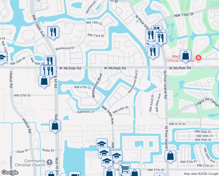 map of restaurants, bars, coffee shops, grocery stores, and more near 6611 Northwest 93rd Avenue in Tamarac