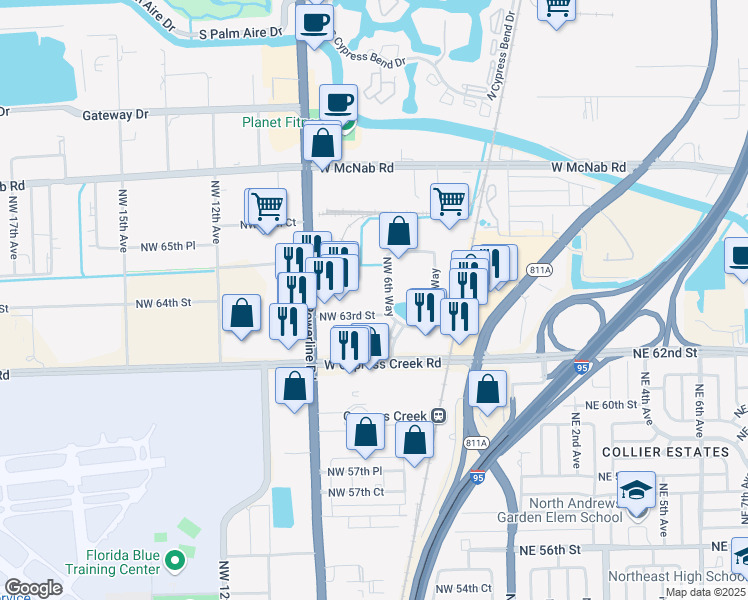 map of restaurants, bars, coffee shops, grocery stores, and more near 6363 Northwest 6th Way in Fort Lauderdale