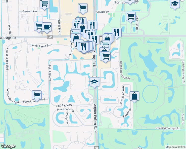 map of restaurants, bars, coffee shops, grocery stores, and more near 1860 Bald Eagle Drive in Naples
