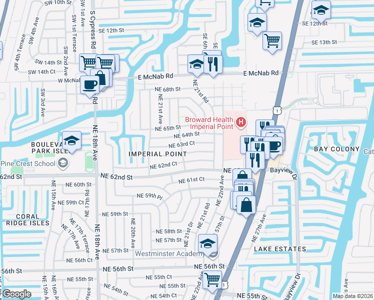 map of restaurants, bars, coffee shops, grocery stores, and more near 2153 Northeast 62nd Court in Fort Lauderdale