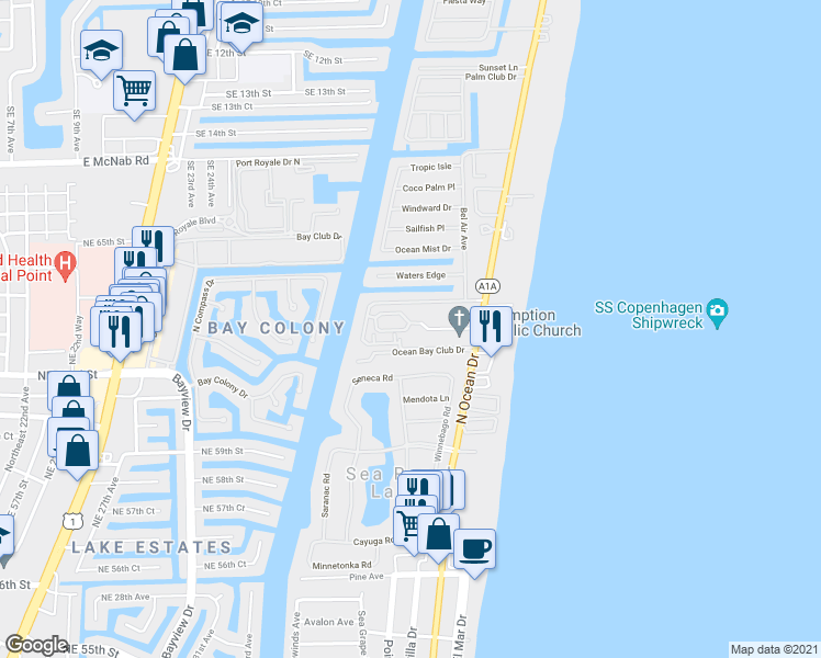 map of restaurants, bars, coffee shops, grocery stores, and more near 5555 North Ocean Boulevard in Lauderdale-by-the-Sea