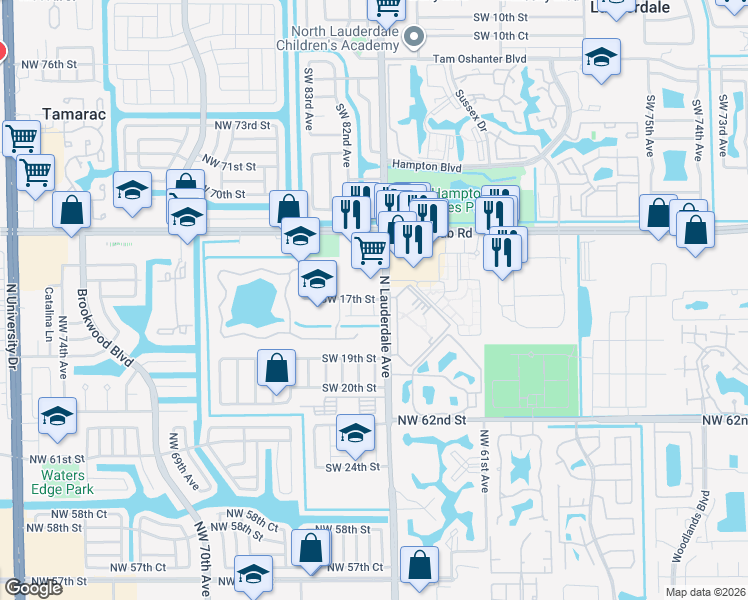 map of restaurants, bars, coffee shops, grocery stores, and more near 8102 Southwest 17th Court in North Lauderdale