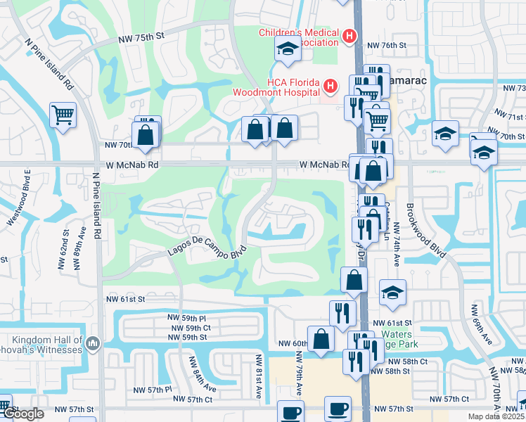 map of restaurants, bars, coffee shops, grocery stores, and more near 8040 North Colony Circle in Tamarac