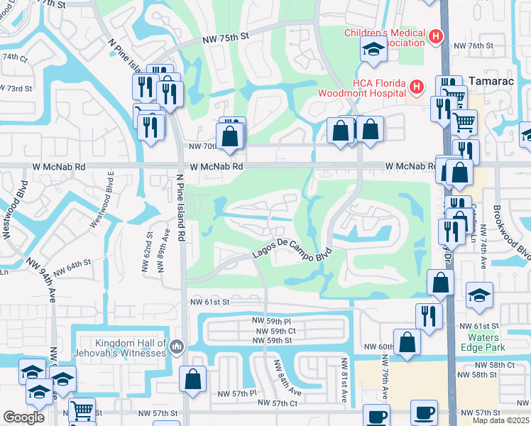map of restaurants, bars, coffee shops, grocery stores, and more near 8351 Sands Point Boulevard in Tamarac