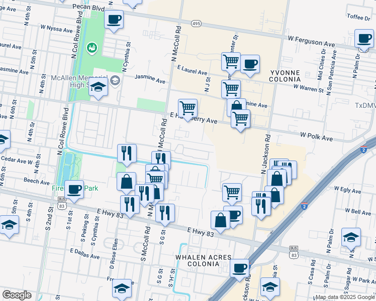 map of restaurants, bars, coffee shops, grocery stores, and more near 812 Loras Lane in McAllen