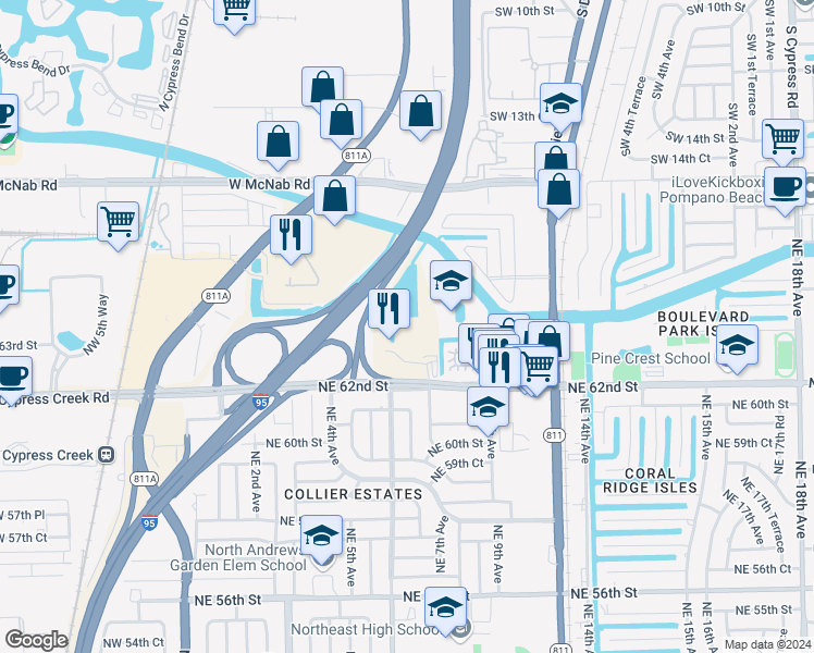 map of restaurants, bars, coffee shops, grocery stores, and more near 600 Corporate Drive in Fort Lauderdale