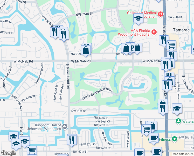 map of restaurants, bars, coffee shops, grocery stores, and more near 8351 Sands Point Boulevard in Tamarac