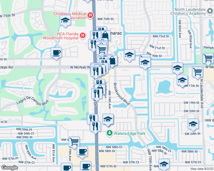 map of restaurants, bars, coffee shops, grocery stores, and more near 6584 Catalina Lane in Tamarac