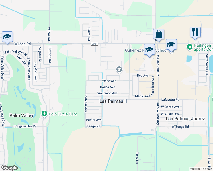 map of restaurants, bars, coffee shops, grocery stores, and more near 4210-4286 Wood Avenue in Harlingen