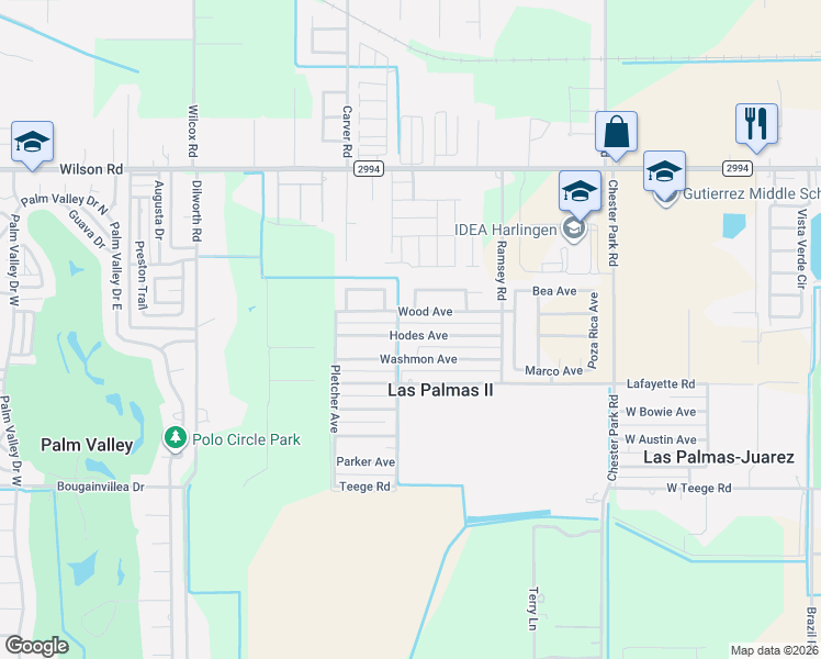 map of restaurants, bars, coffee shops, grocery stores, and more near 4210-4286 Wood Avenue in Harlingen