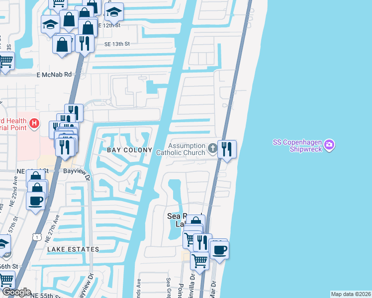 map of restaurants, bars, coffee shops, grocery stores, and more near 1960 Coral Reef Drive in Pompano Beach