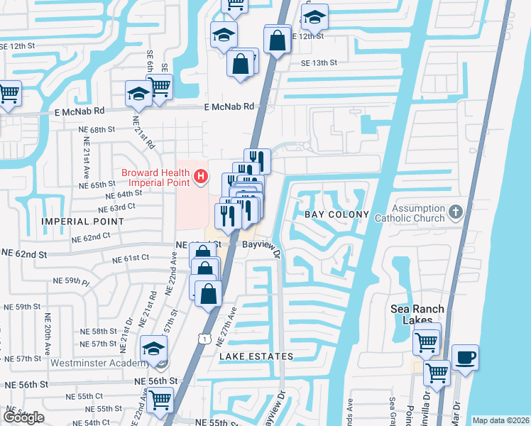 map of restaurants, bars, coffee shops, grocery stores, and more near 6281 Bay Club Drive in Fort Lauderdale