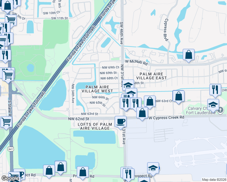 map of restaurants, bars, coffee shops, grocery stores, and more near 3146 Northwest 68th Street in Fort Lauderdale