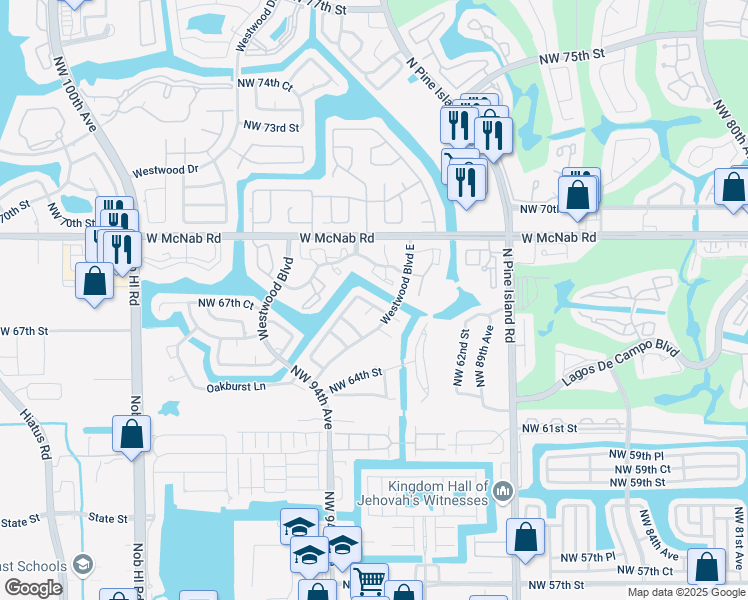 map of restaurants, bars, coffee shops, grocery stores, and more near 9203 Northwest 68th Street in Tamarac