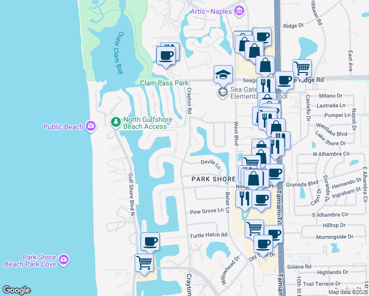 map of restaurants, bars, coffee shops, grocery stores, and more near 4711 Crayton Road in Naples