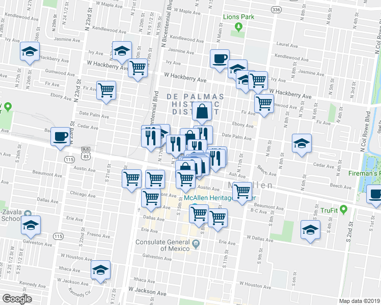 map of restaurants, bars, coffee shops, grocery stores, and more near 1418 Beech Avenue in McAllen