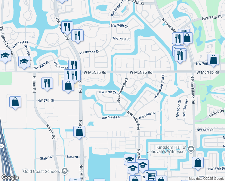 map of restaurants, bars, coffee shops, grocery stores, and more near 9607 Northwest 67th Court in Tamarac