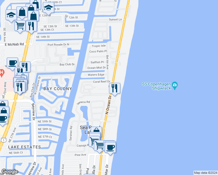 map of restaurants, bars, coffee shops, grocery stores, and more near 2040 Coral Reef Drive in Pompano Beach