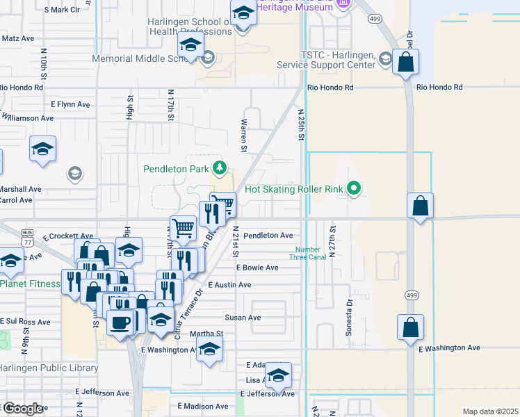 map of restaurants, bars, coffee shops, grocery stores, and more near 2208 Ella Street in Harlingen