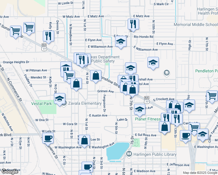 map of restaurants, bars, coffee shops, grocery stores, and more near 1421 North 77 Sunshine Strip in Harlingen