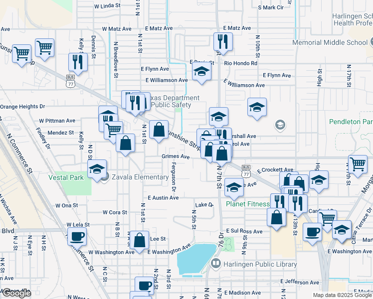 map of restaurants, bars, coffee shops, grocery stores, and more near 1421 North 77 Sunshine Strip in Harlingen