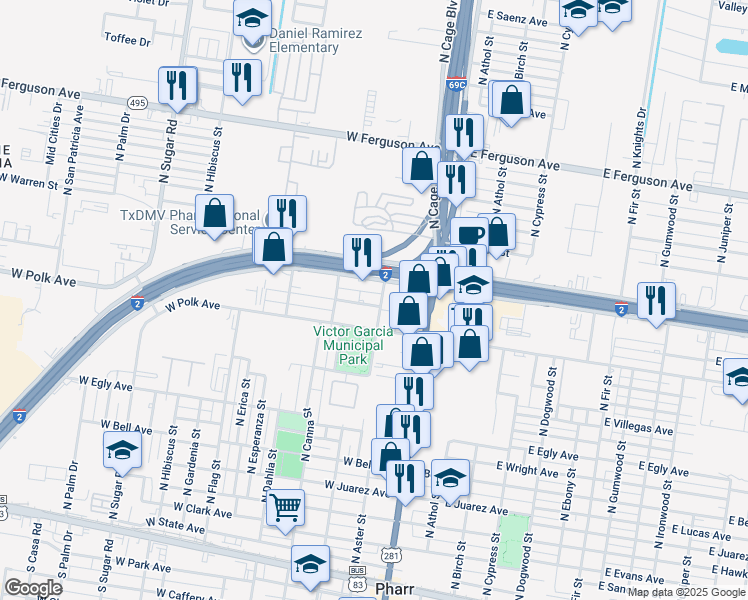 map of restaurants, bars, coffee shops, grocery stores, and more near 204 West Eller Avenue in Pharr
