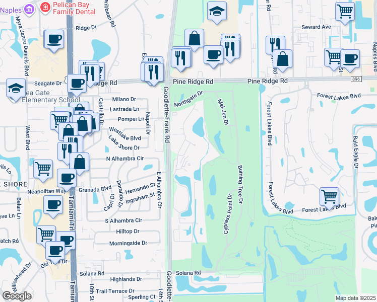 map of restaurants, bars, coffee shops, grocery stores, and more near 120 Moorings Park Drive in Naples