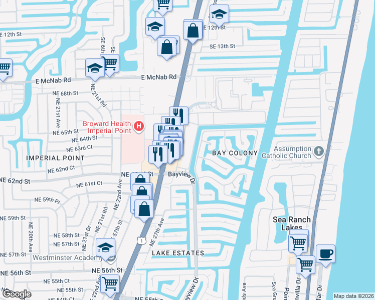 map of restaurants, bars, coffee shops, grocery stores, and more near 6281 Bay Club Drive in Fort Lauderdale