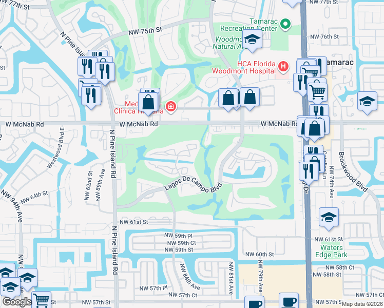 map of restaurants, bars, coffee shops, grocery stores, and more near 8331 Sands Point Boulevard in Tamarac