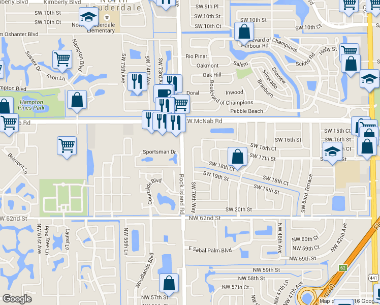 map of restaurants, bars, coffee shops, grocery stores, and more near 1713 Southwest 70th Way in North Lauderdale