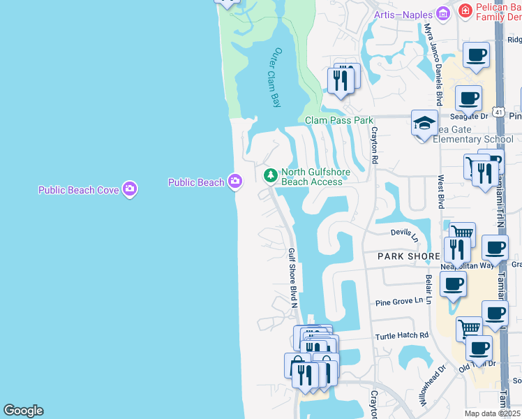 map of restaurants, bars, coffee shops, grocery stores, and more near 4901 Gulf Shore Boulevard North in Naples