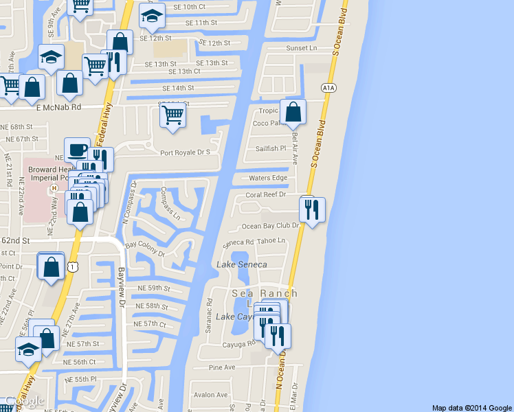 map of restaurants, bars, coffee shops, grocery stores, and more near 1960 Coral Reef Drive in Pompano Beach