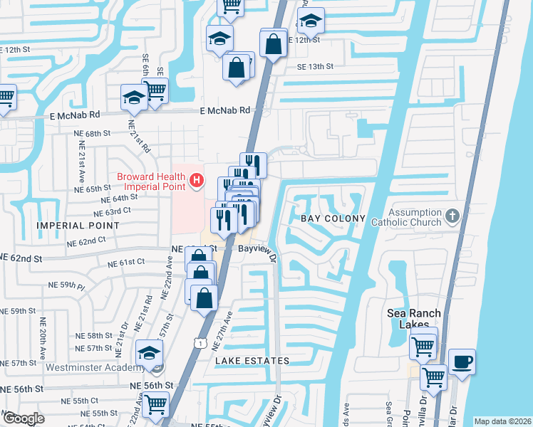 map of restaurants, bars, coffee shops, grocery stores, and more near 6281 Bay Club Drive in Fort Lauderdale