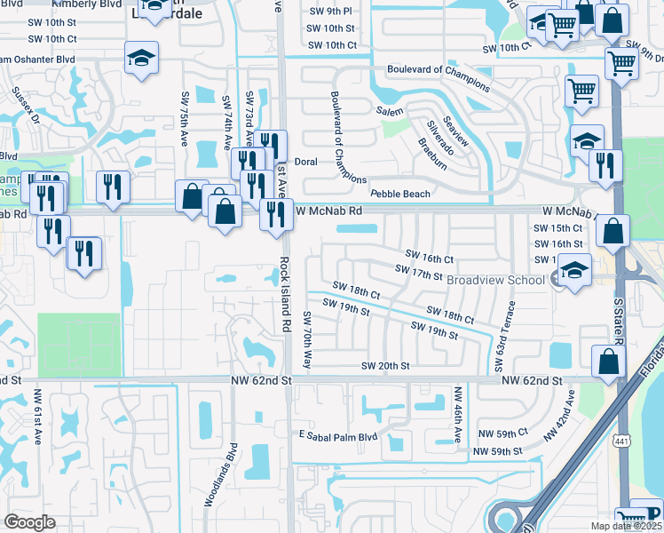 map of restaurants, bars, coffee shops, grocery stores, and more near 1663 Southwest 70th Avenue in North Lauderdale