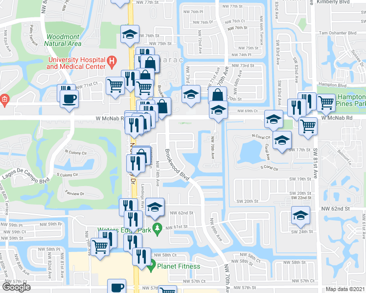 map of restaurants, bars, coffee shops, grocery stores, and more near 7111 Northwest 67th Street in Tamarac