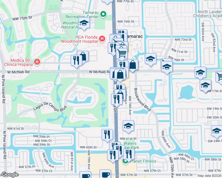 map of restaurants, bars, coffee shops, grocery stores, and more near 6751 North University Drive in Tamarac