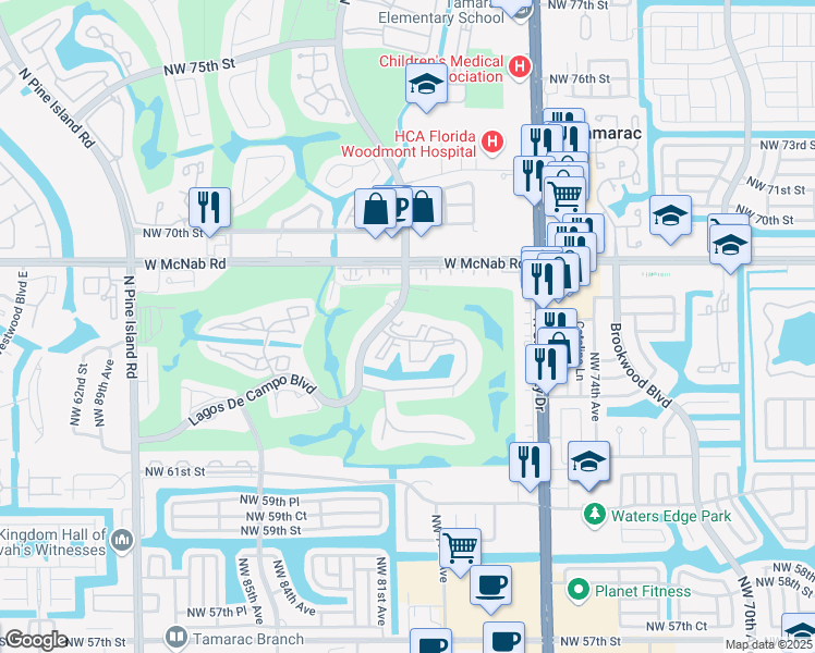 map of restaurants, bars, coffee shops, grocery stores, and more near 8000 Lagos De Campo Boulevard in Tamarac