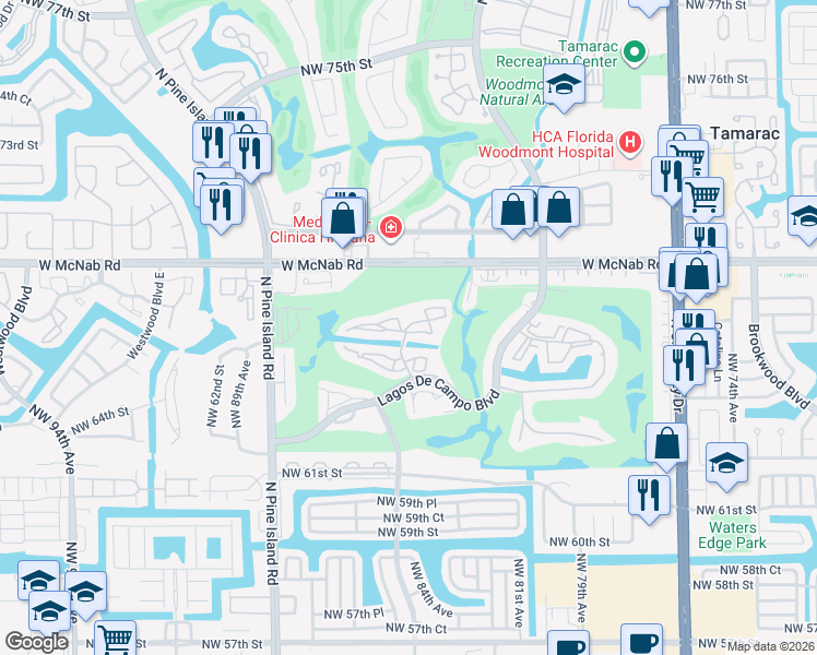 map of restaurants, bars, coffee shops, grocery stores, and more near 8390 Sands Point Boulevard in Tamarac