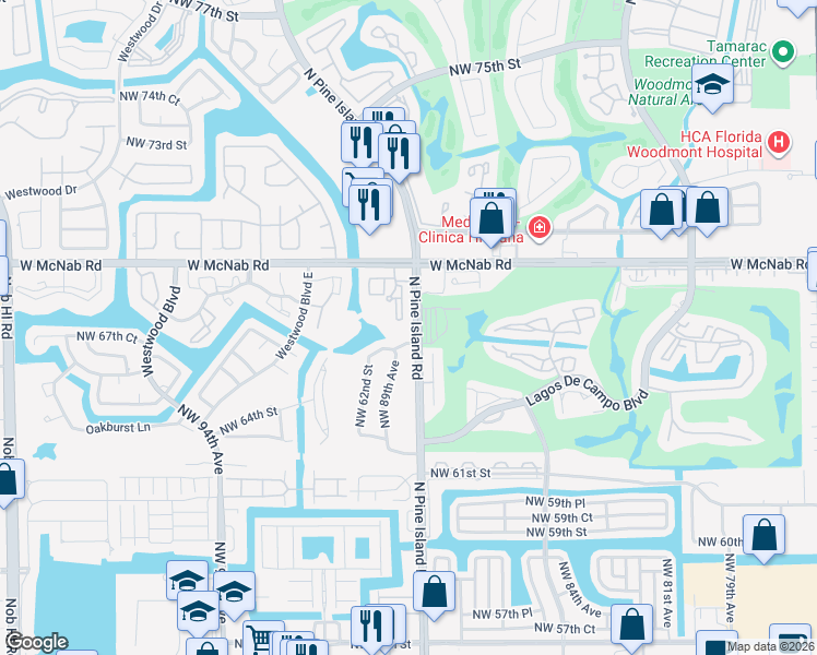 map of restaurants, bars, coffee shops, grocery stores, and more near 8826 West McNab Road in Tamarac