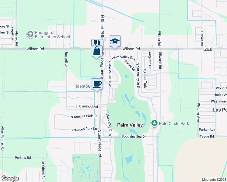 map of restaurants, bars, coffee shops, grocery stores, and more near 17 Los Amigos Drive in Palm Valley