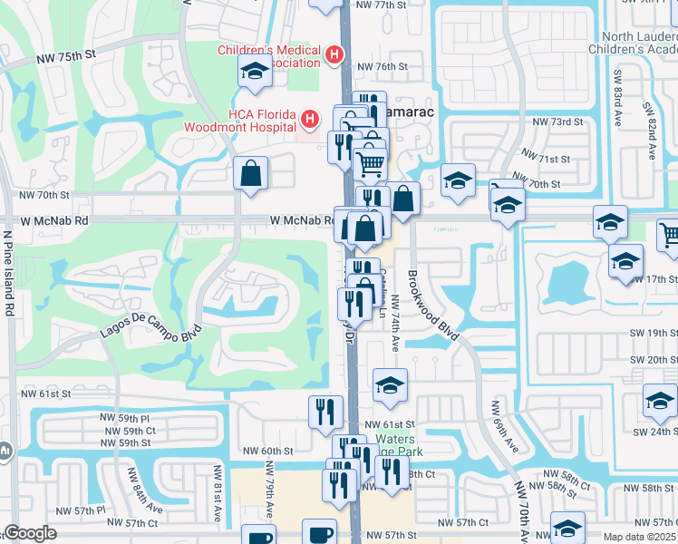 map of restaurants, bars, coffee shops, grocery stores, and more near 6701 North University Drive in Tamarac