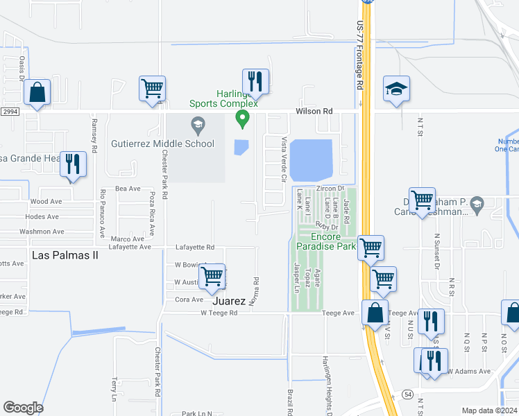 map of restaurants, bars, coffee shops, grocery stores, and more near 3041 Vista Verde Circle in Harlingen