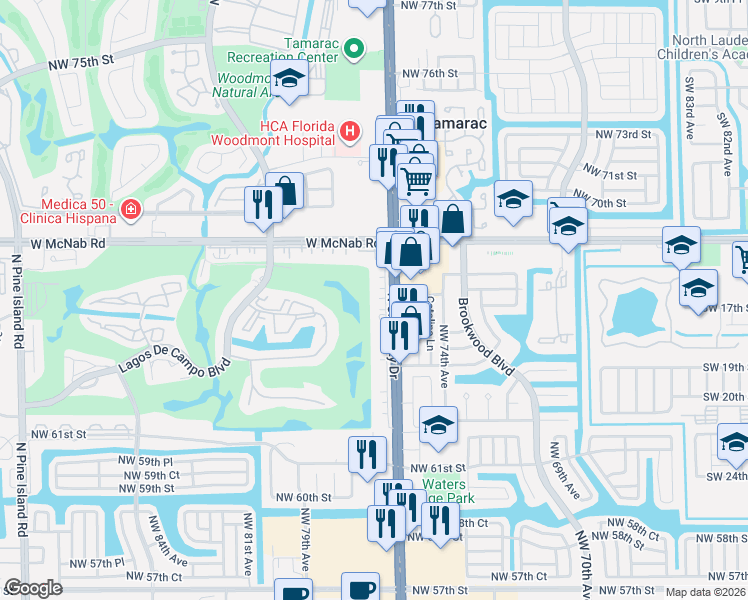map of restaurants, bars, coffee shops, grocery stores, and more near 6751 North University Drive in Tamarac