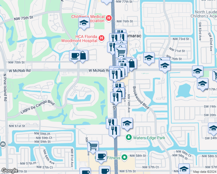 map of restaurants, bars, coffee shops, grocery stores, and more near 6751 North University Drive in Tamarac