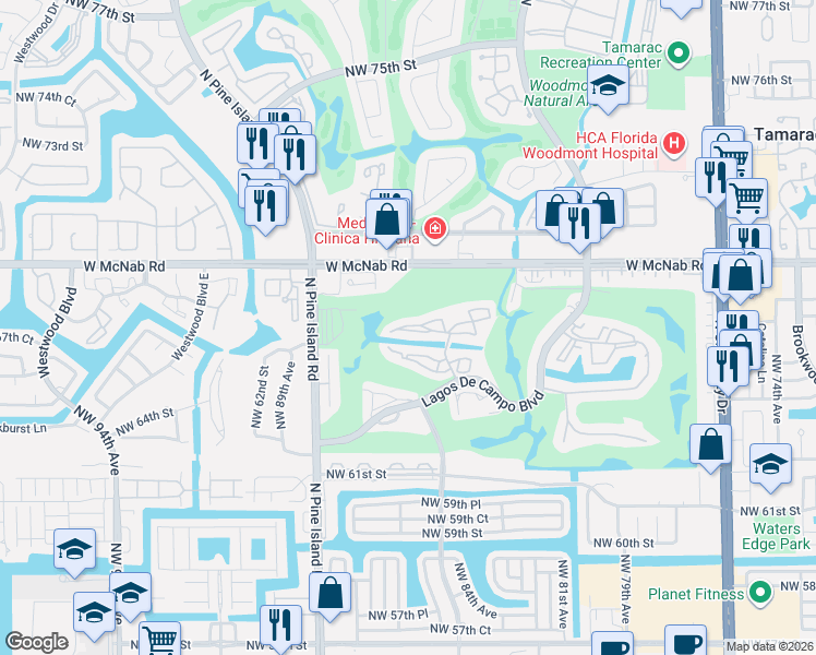map of restaurants, bars, coffee shops, grocery stores, and more near 8380 Sands Point Boulevard in Tamarac