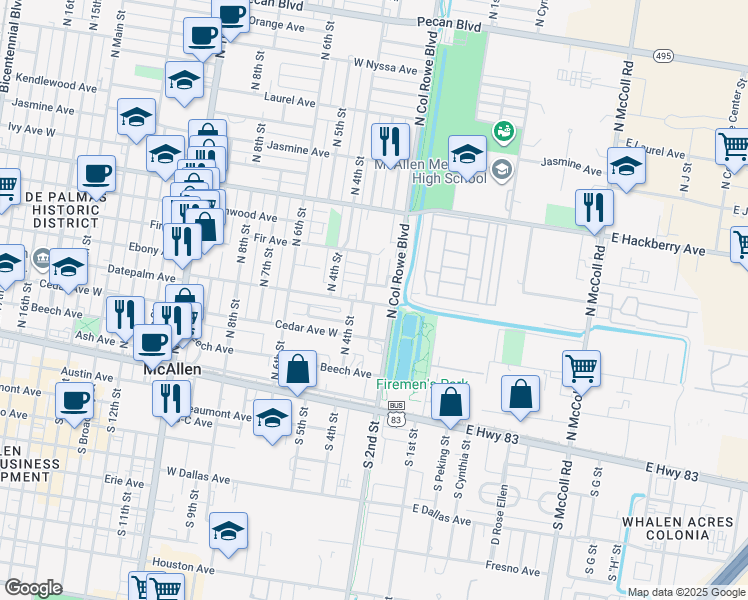 map of restaurants, bars, coffee shops, grocery stores, and more near 400 Datepalm Avenue in McAllen