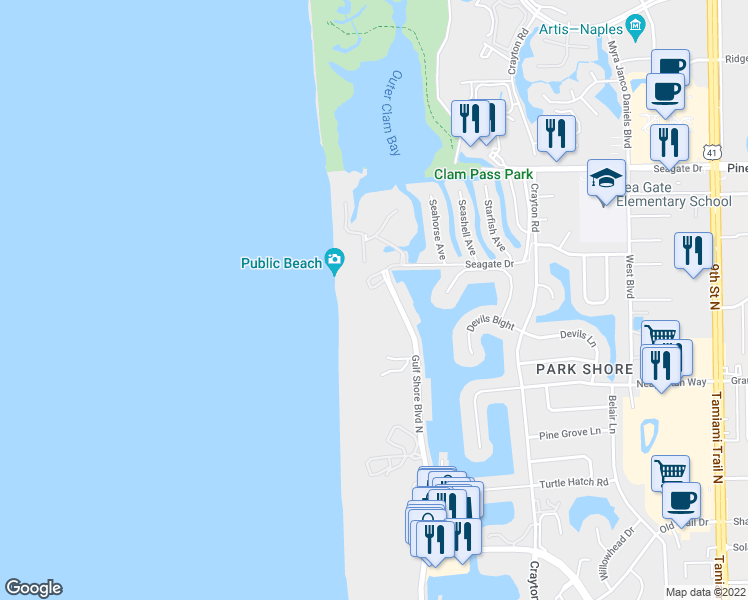 map of restaurants, bars, coffee shops, grocery stores, and more near 4901 Gulf Shore Boulevard North in Naples