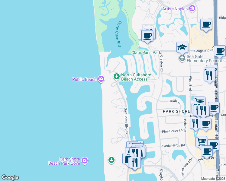 map of restaurants, bars, coffee shops, grocery stores, and more near 4901 Gulf Shore Boulevard North in Naples