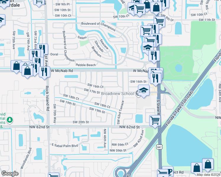map of restaurants, bars, coffee shops, grocery stores, and more near 6441 Southwest 16th Court in Pompano Beach