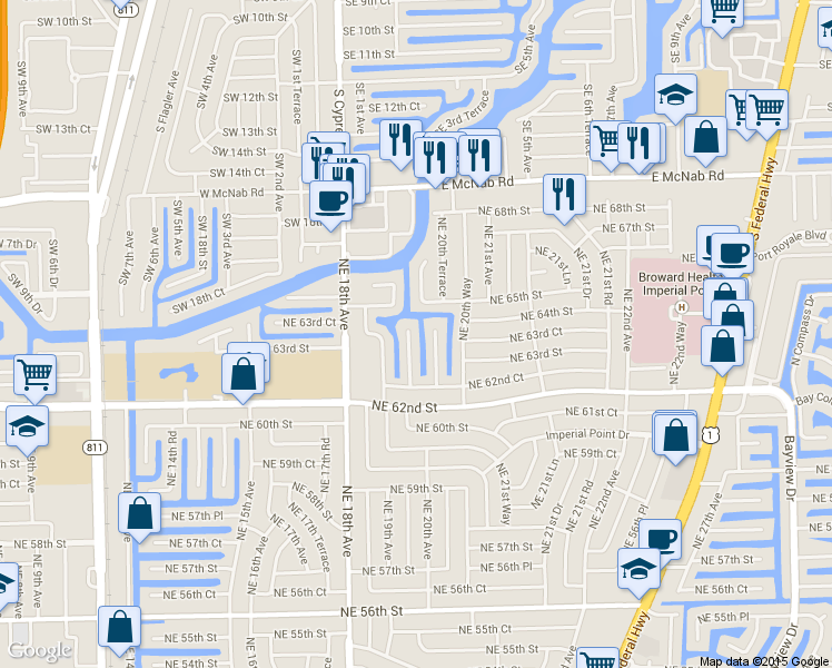map of restaurants, bars, coffee shops, grocery stores, and more near 6351 Northeast 19th Terrace in Fort Lauderdale